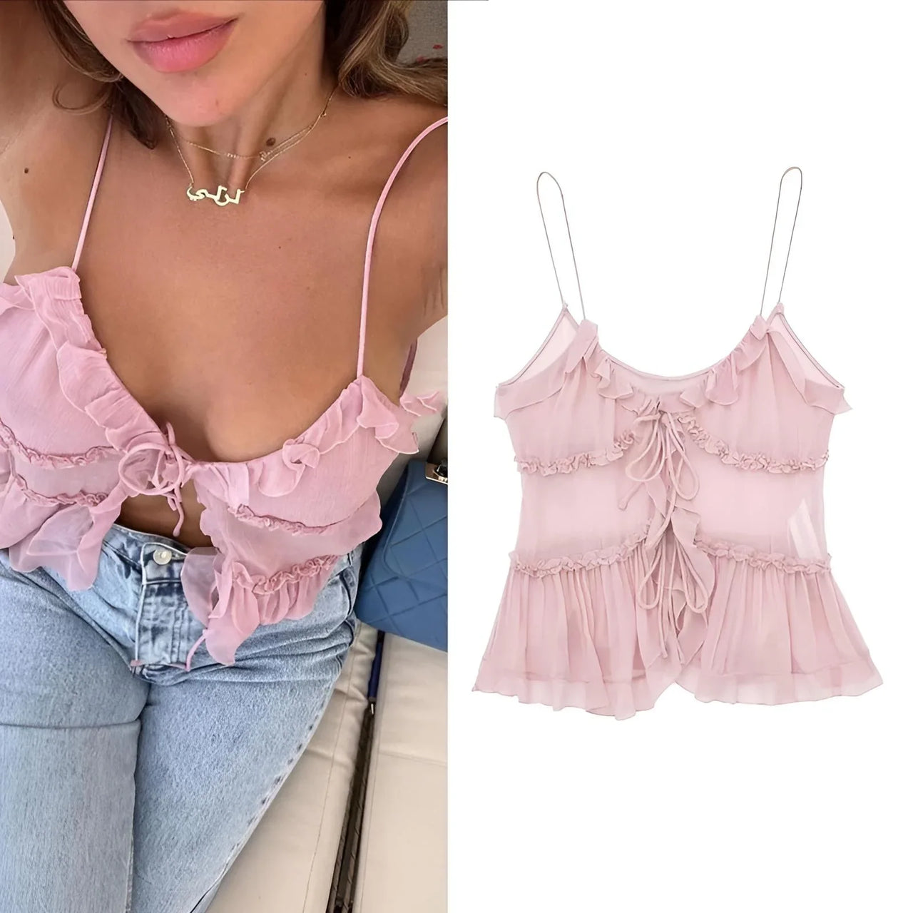 Pink ruffled top worn by a person and on a white background
