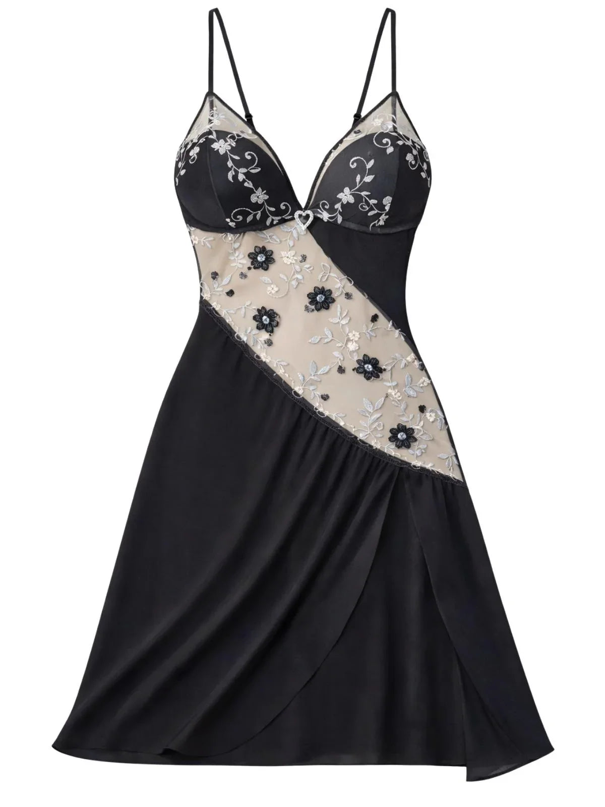 Black short nightgown with sheer floral embroidery lace inlay on a white background