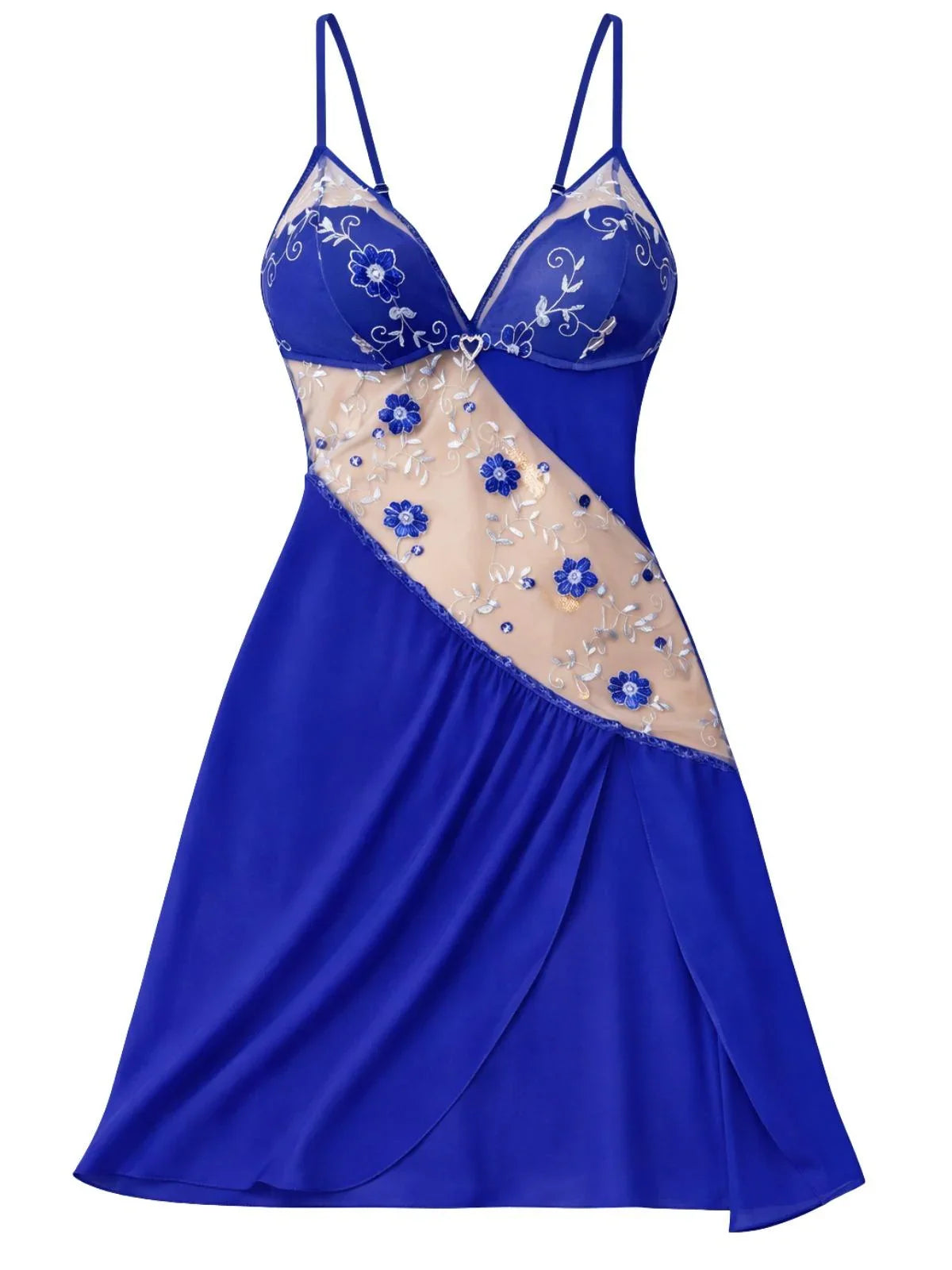 Blue short nightgown with sheer floral embroidery inlay on a white background