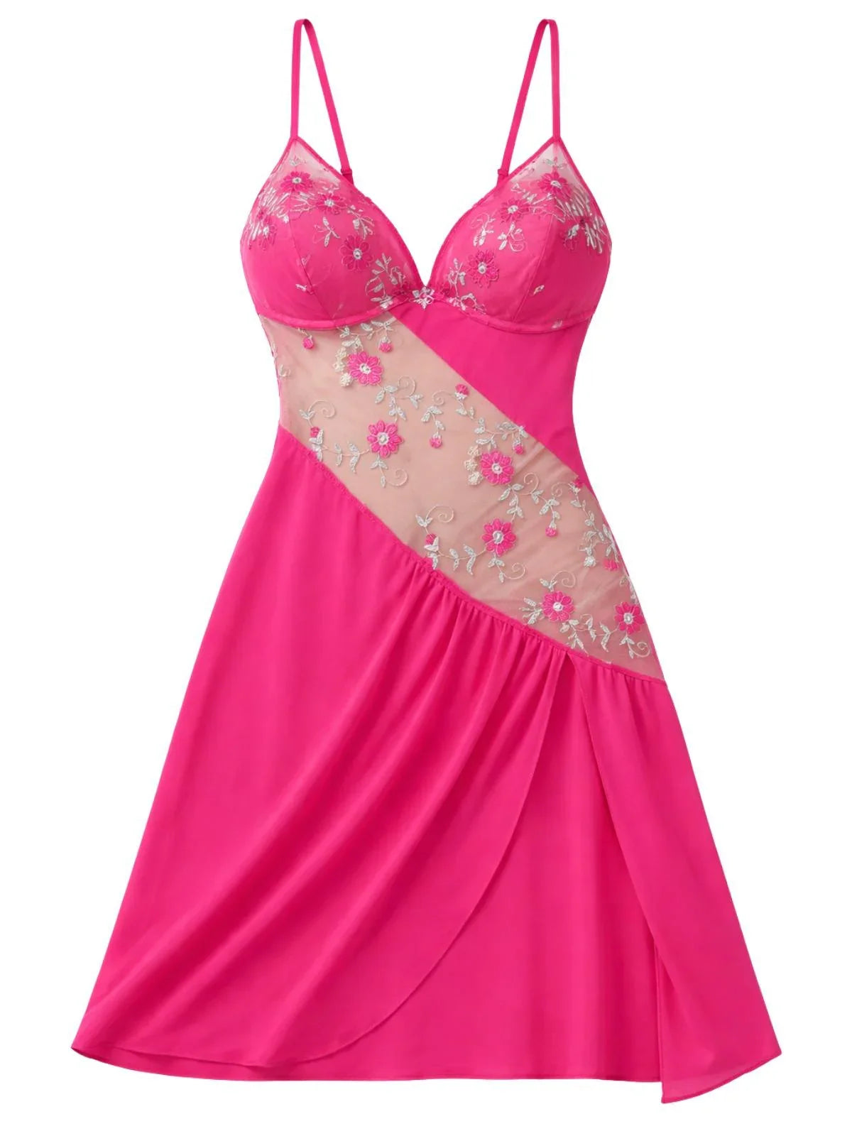 Fuchsia short nightgown with sheer floral lace inlay on a white background