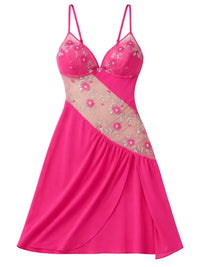 Thumbnail for Fuchsia short nightgown with sheer floral lace inlay on a white background