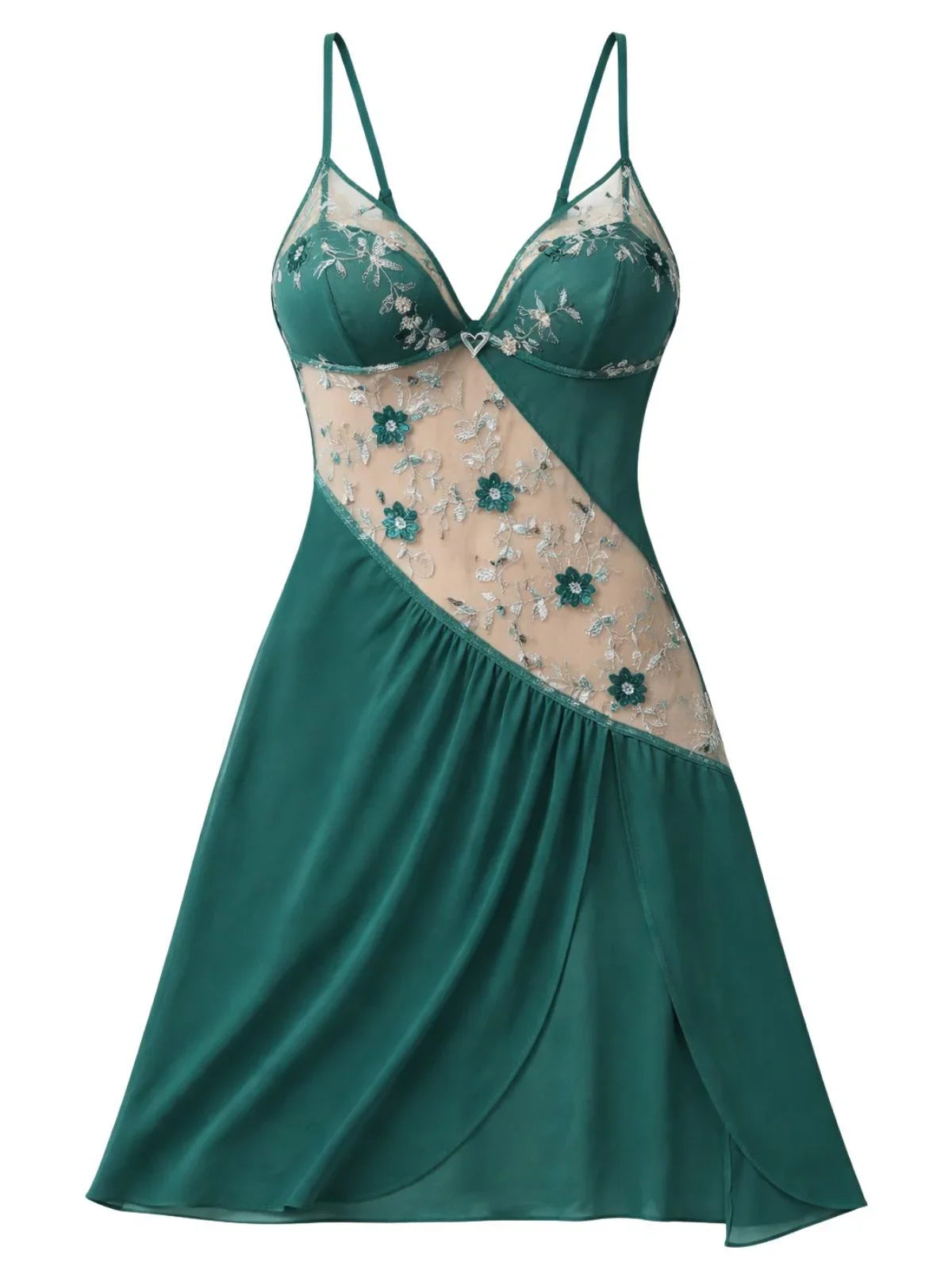 Green short nightgown with sheer floral lace inlay on a white background