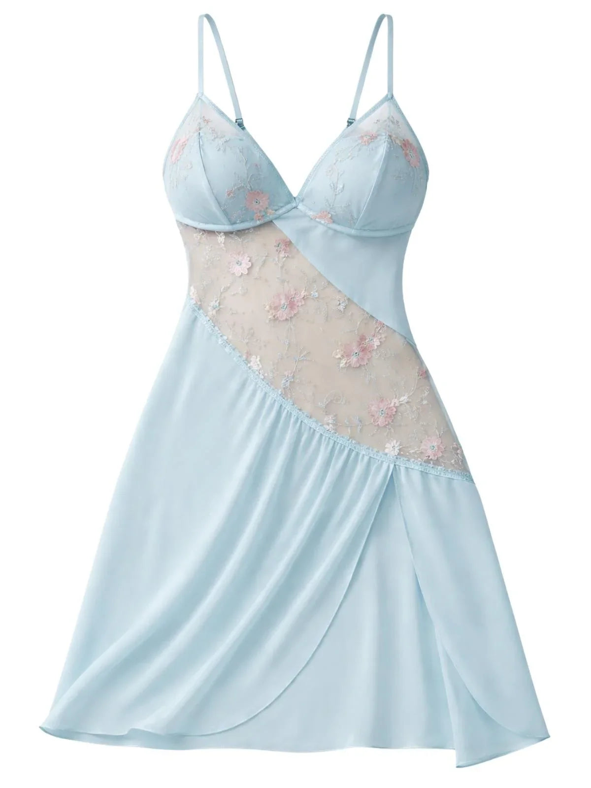 Light blue short nightgown with sheer floral lace inlay on a white background