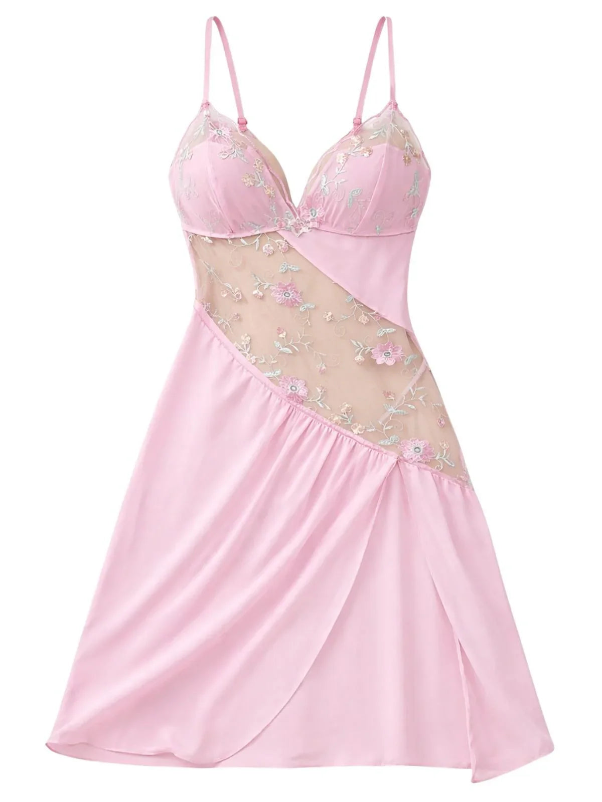 Pink sheer nightgown with floral lace inlay on a white background
