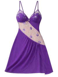 Thumbnail for Purple short nightgown with sheer floral lace inlay on a white background