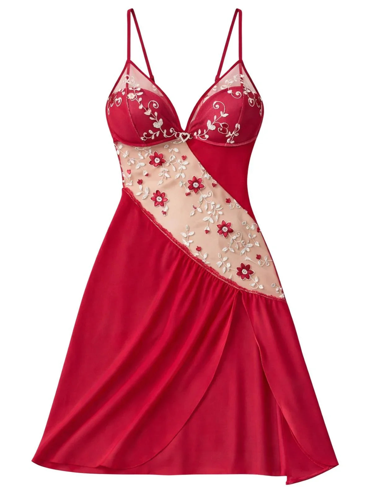 Red short nightgown with sheer floral embroidery lace inlay on a white background