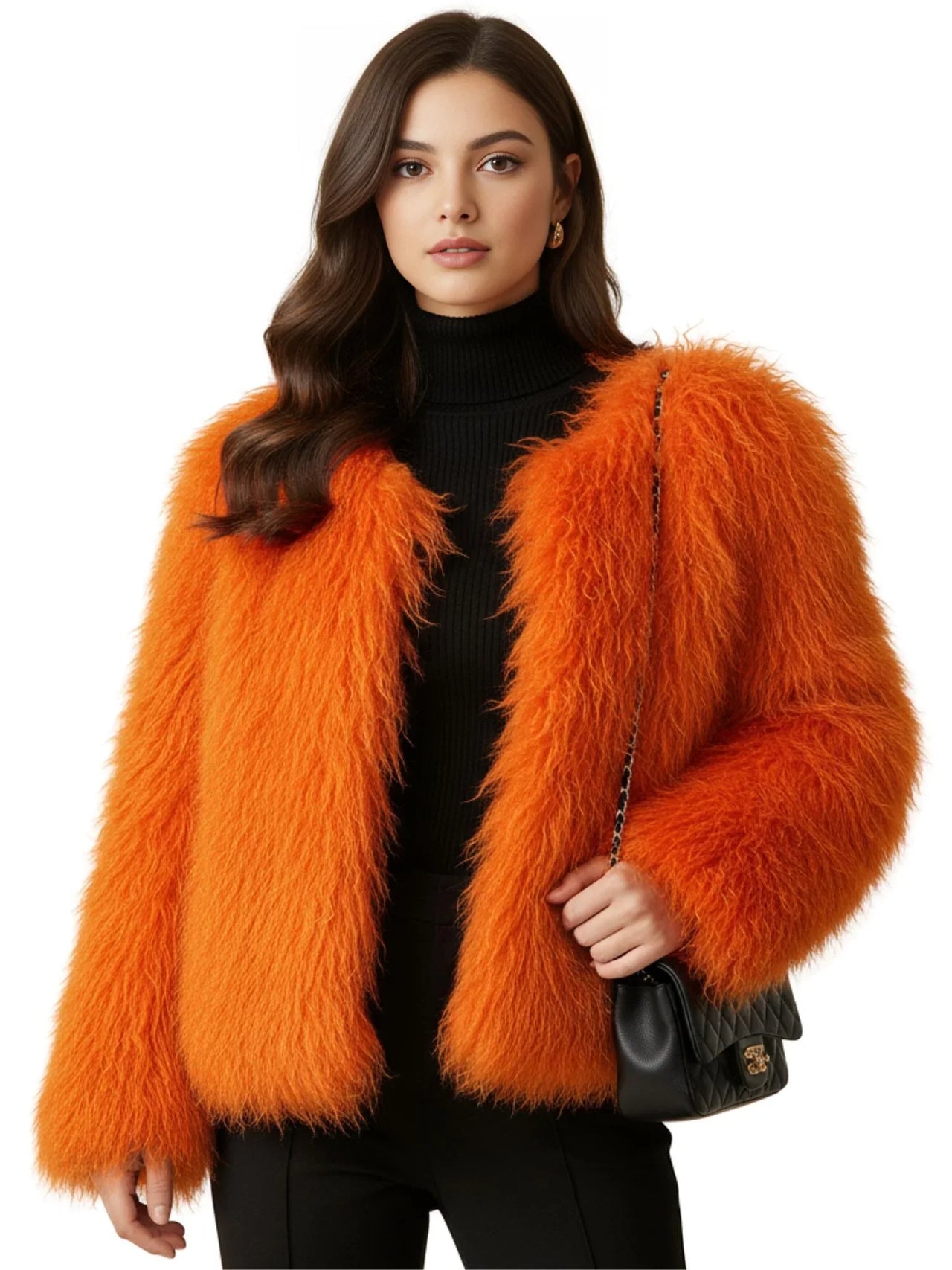 Woman wearing an orange faux fur coat with a black handbag on a white background.