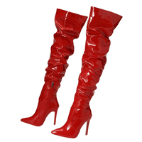 Thumbnail for Women's Over The Knee Boots High Heels Patent Leather Solid Pointed Toe Stiletto Side Zipper, Drestiny, Black, Red, White, Apricot, 4, 5, 6, 7, 8, 9, 10, 11, United States, Australia, New Zealand, USA, leather thigh high boots, black leather thigh high boots, high heel leather thigh high boots, designer leather thigh high boots, Shopdrestiny.com