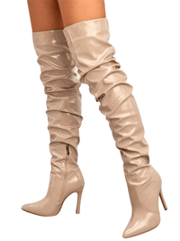 Thumbnail for Women's Over The Knee Boots High Heels Patent Leather Solid Pointed Toe Stiletto Side Zipper, Drestiny, Black, Red, White, Apricot, 4, 5, 6, 7, 8, 9, 10, 11, United States, Australia, New Zealand, USA, leather thigh high boots, black leather thigh high boots, high heel leather thigh high boots, designer leather thigh high boots, Shopdrestiny.com