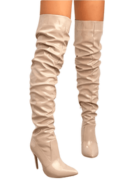 Thumbnail for Women's Over The Knee Boots High Heels Patent Leather Solid Pointed Toe Stiletto Side Zipper, Drestiny, Black, Red, White, Apricot, 4, 5, 6, 7, 8, 9, 10, 11, United States, Australia, New Zealand, USA, leather thigh high boots, black leather thigh high boots, high heel leather thigh high boots, designer leather thigh high boots, Shopdrestiny.com