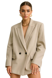 Thumbnail for Woman wearing a khaki blazer on a white background