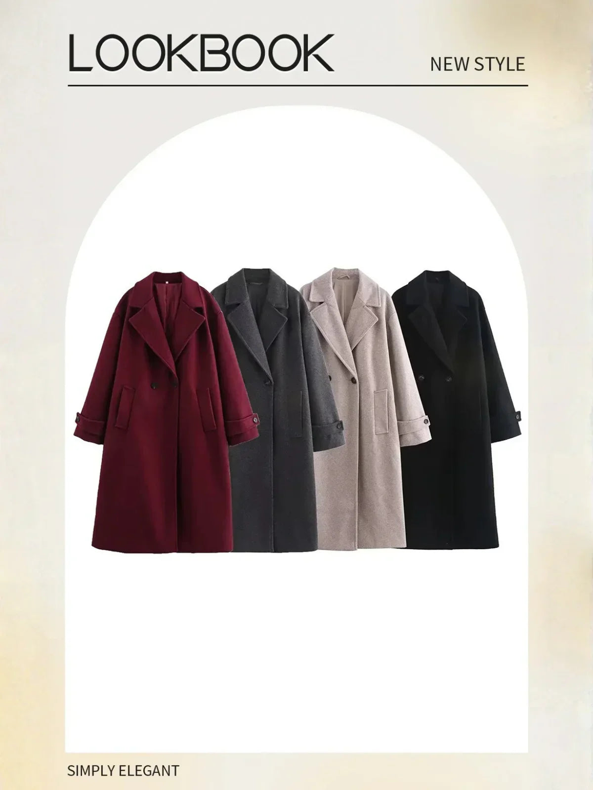 Four long double breasted coats in different colors displayed under an arch with 'Lookbook' text.