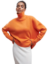 Thumbnail for Woman wearing an orange turtleneck sweater with a white background