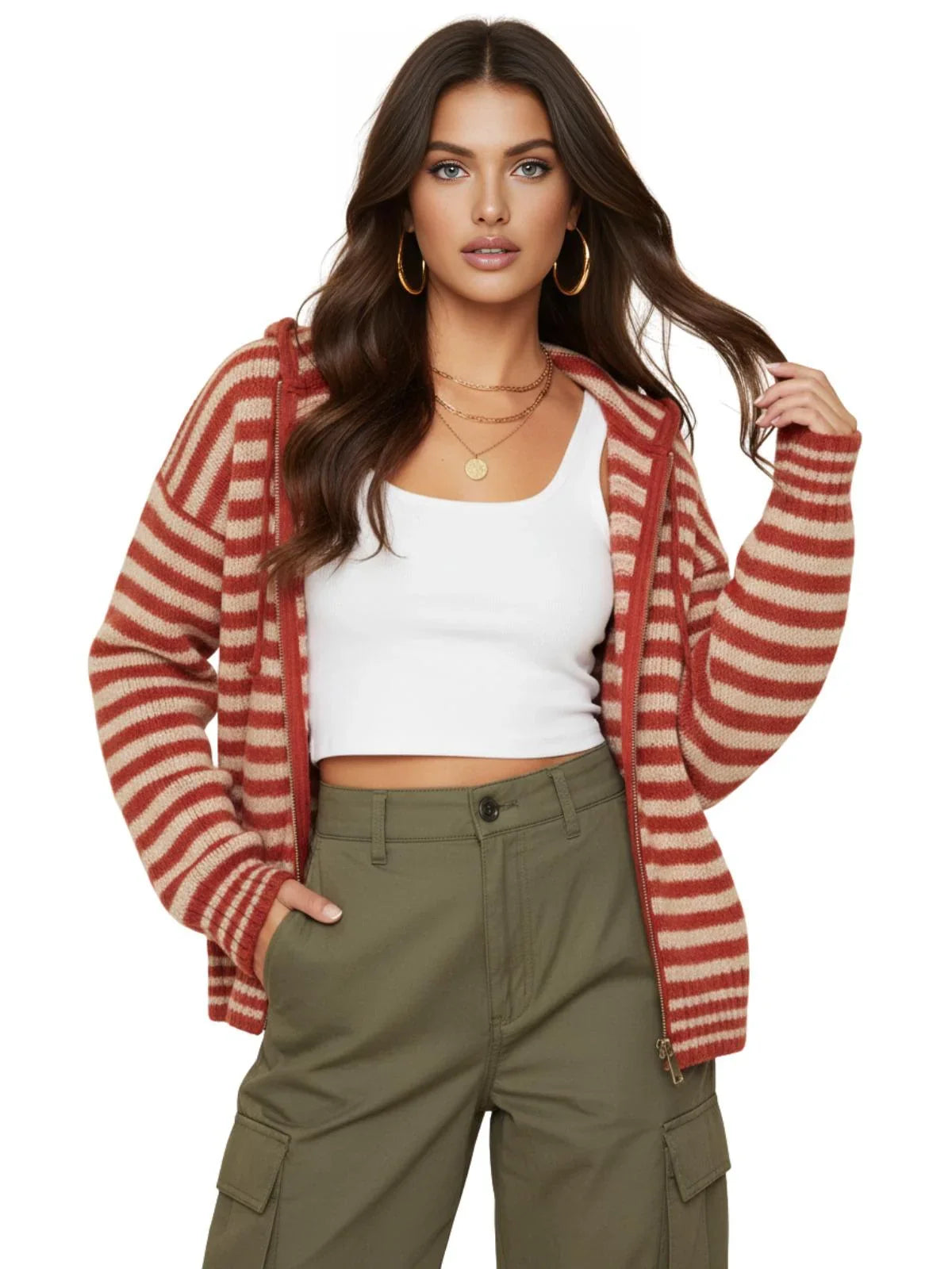 Model wearing Drestiny Women's Oversized Striped Hooded Cardigan in rust and beige tones with a front zipper, paired with a white tank top and olive cargo pants for a relaxed, chic streetwear look.