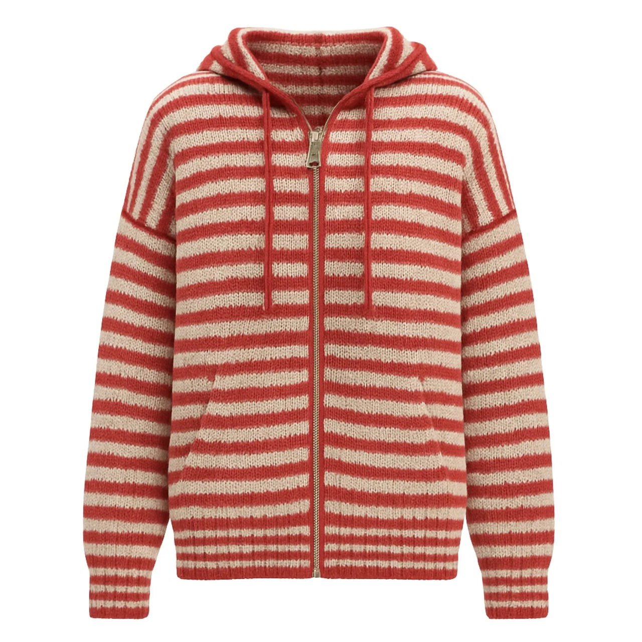 Red and white striped hoodie sweater on a white background