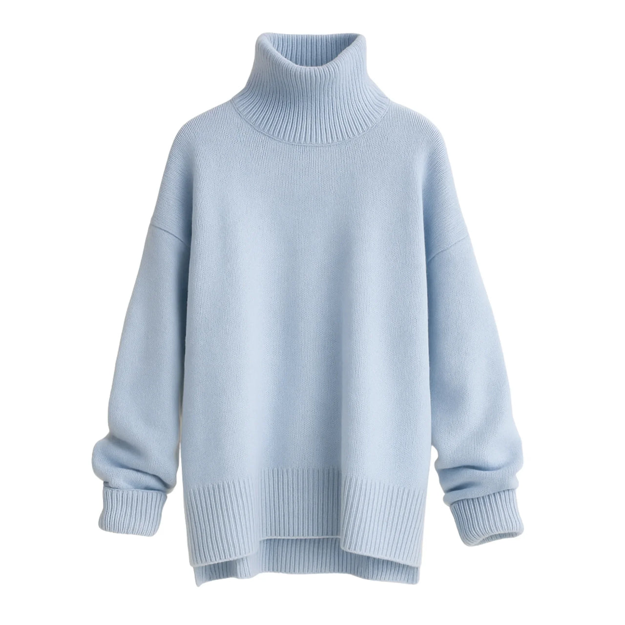 Light blue turtleneck sweater on a white background