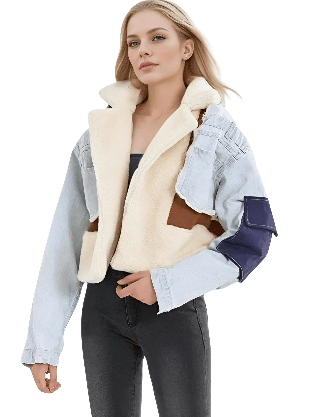 Women's Patchwork Lamb's Wool & Denim Jacket -, Coats & Jackets , Drestiny , Australia, Blue, Brown, Canada, FR, Jackets, L, Light Blue, M, New Zealand, S, United Kingdom, United States, XL, XXL , Drestiny , www.shopdrestiny.com