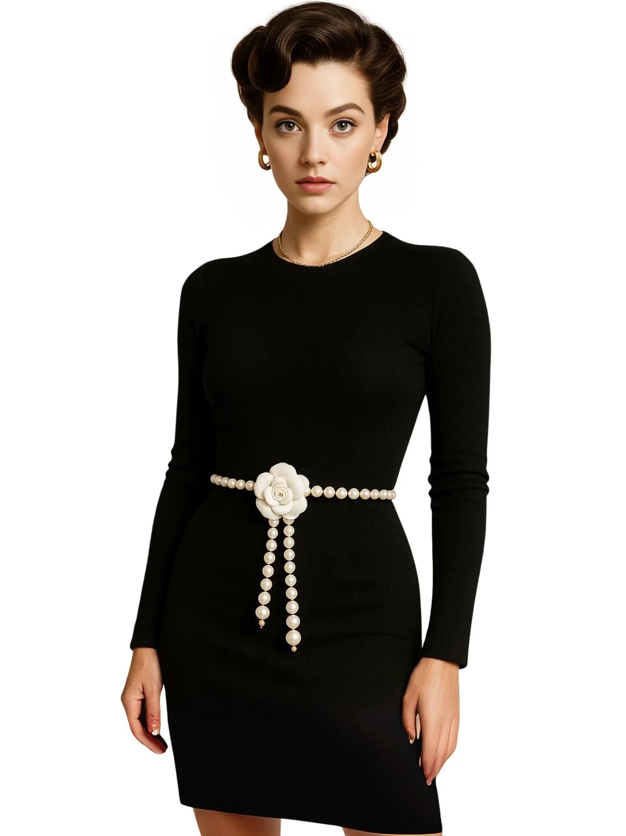 Woman wearing a black dress with a pearl waist belt on a white background