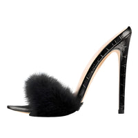 Thumbnail for Women's Peep Toe Fur Slip On Heels -, Peep Toe Heels , Drestiny , 10, 11, 12, 13, 14, 15, 5, 6, 7, 8, 9, 9.5, Australia, Black, Gold, Grey, Heels, High Heels, Pink, Sandals, United Kingdom, United States, White , Drestiny , www.shopdrestiny.com