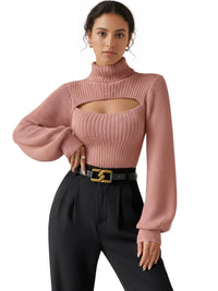 Thumbnail for Women's Cut-Out Turtleneck Sweater High Fashion Long Sleeves Tight Knit Tops Cut Out Sweater