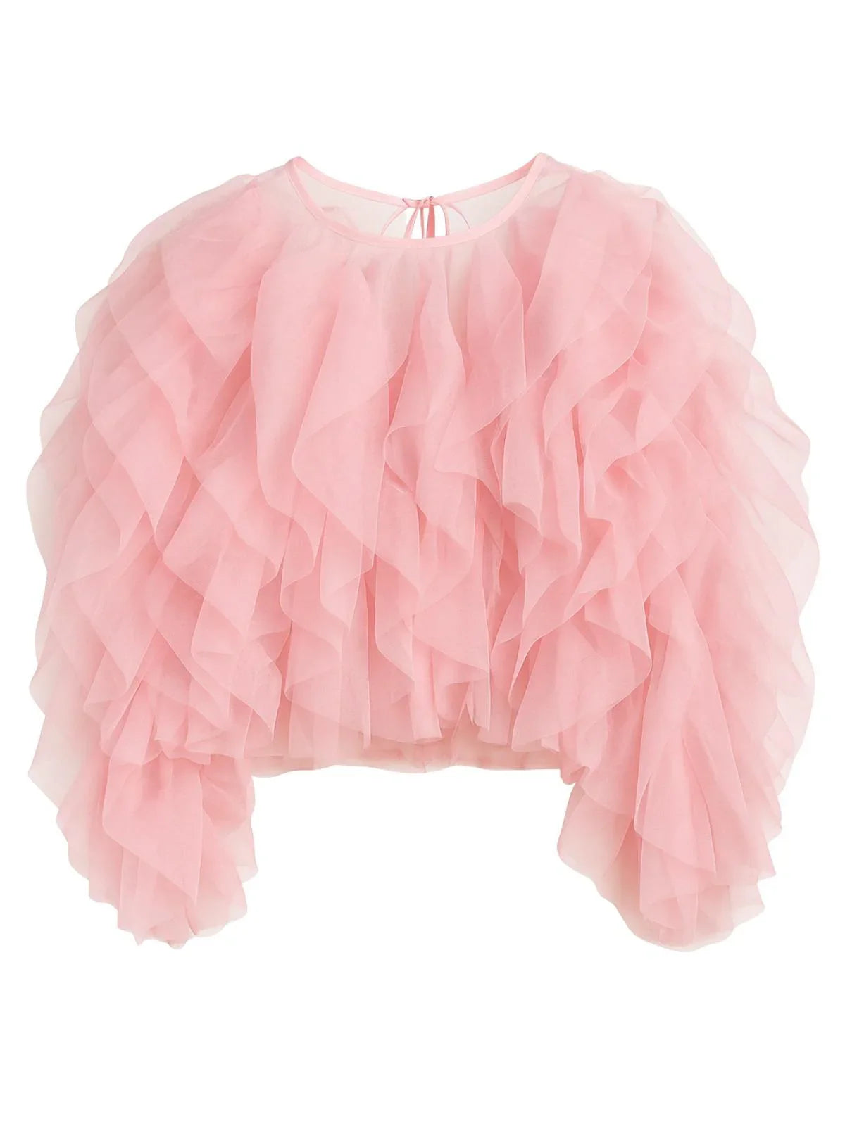 Pink ruffled blouse on a white background