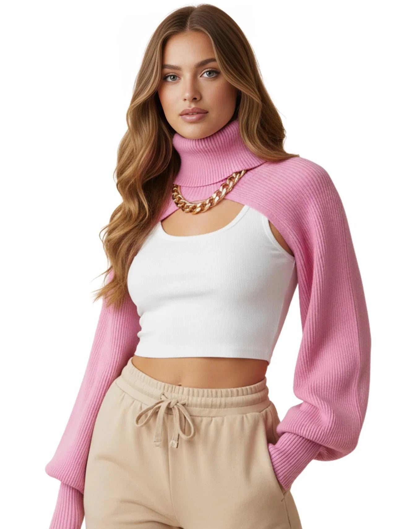 Women's Turtleneck Bolero Sweater Long Lantern Sleeve Pullover Top