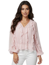 Thumbnail for Woman wearing a light pink blouse with ruffled details on a white background