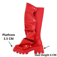 Thumbnail for Women's Platform Fold Over Boots Block Heel Round Toe Pull on Fashion Mid-Calf Female Boots, Drestiny, Platform Boots Women, Chunky Platform Boots, Black Platform Boots, Platform Boot Outfit Ideas, United States, USA, Canada, Australia, New Zealand, United Kingdom, UK, Red, Orange, Brown, Black, Metallic Blue, White, Metallic Gold, 5, 6, 7, 8, 9, 9.5, 10, 11, 12, 13, 14, 15, shopdrestiny.com