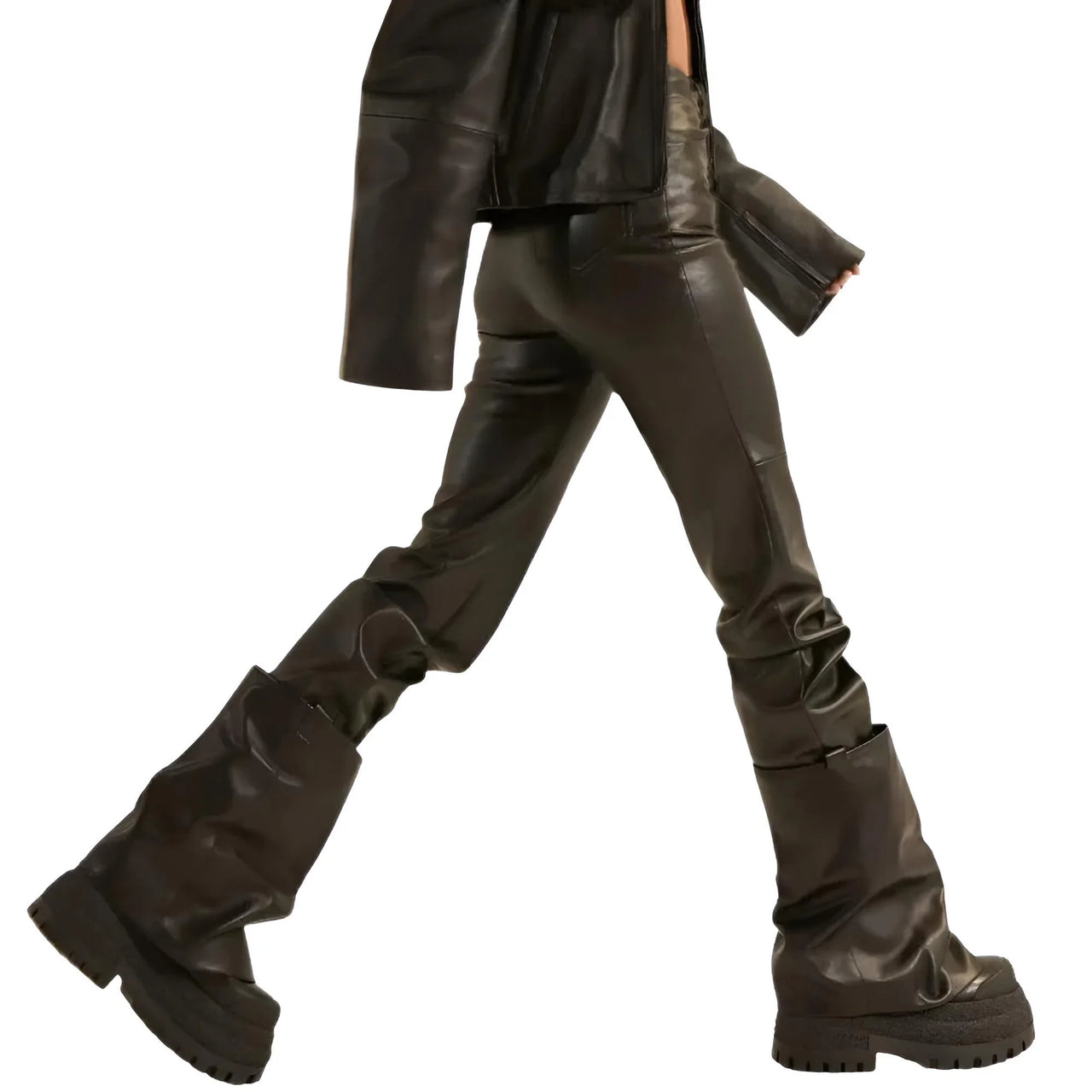 Brown leather pants with black platform boots on a white background