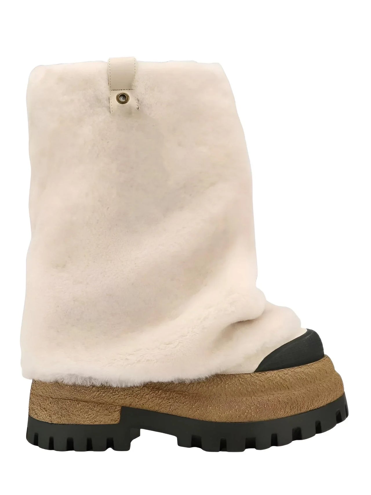 Woman's milk white platform boot with black soles on a white background
