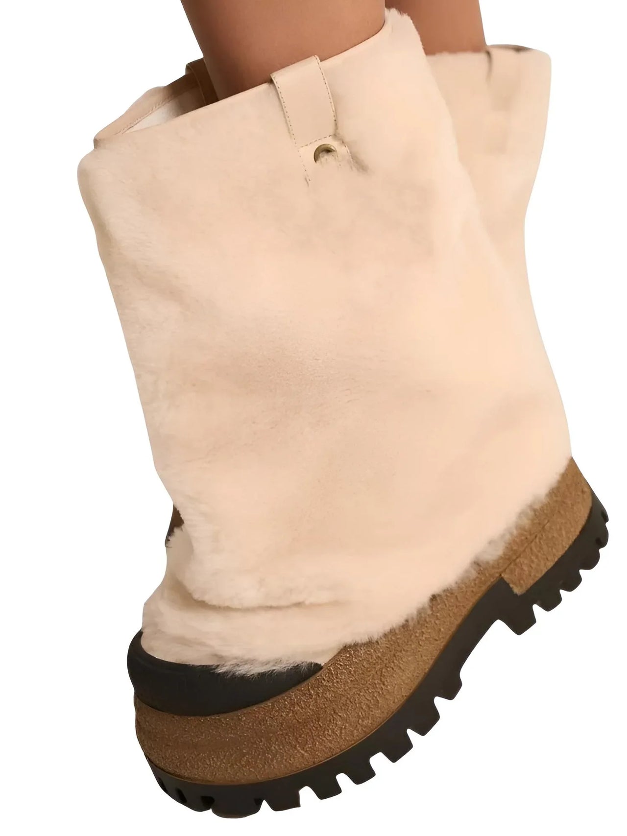 Pair of milk white platform boots with black soles on a white background