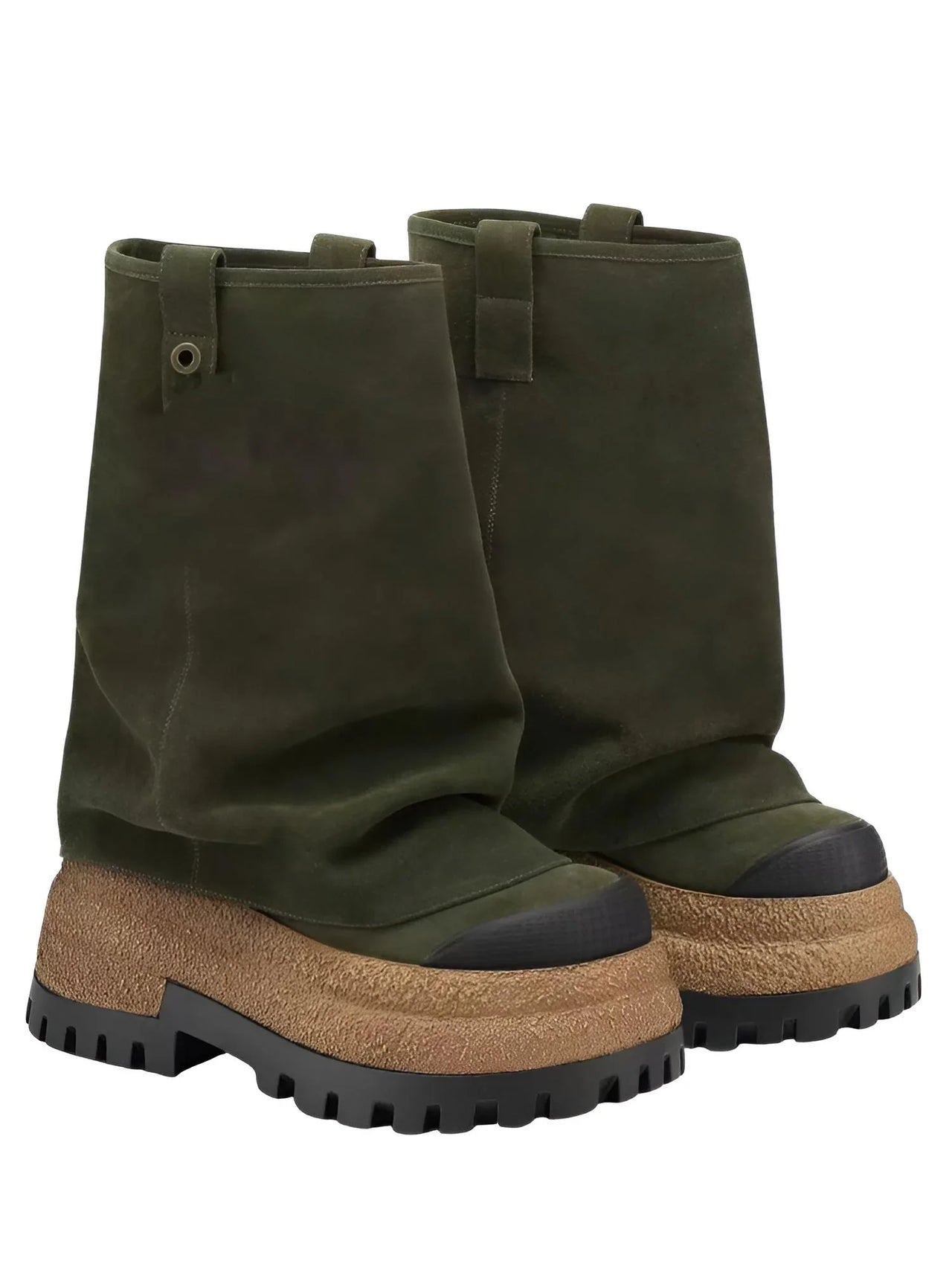 Pair of green platform slouch boots on a white background
