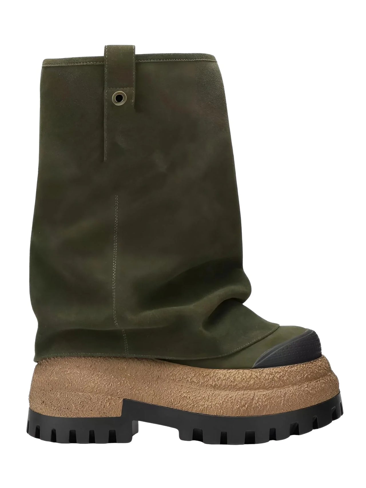 Green platform boot with cork sole on a white background
