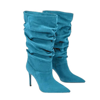Thumbnail for Women's Pleated High-Heeled Short Boots with Pointed Toes Women's Large Mid-Length Boots