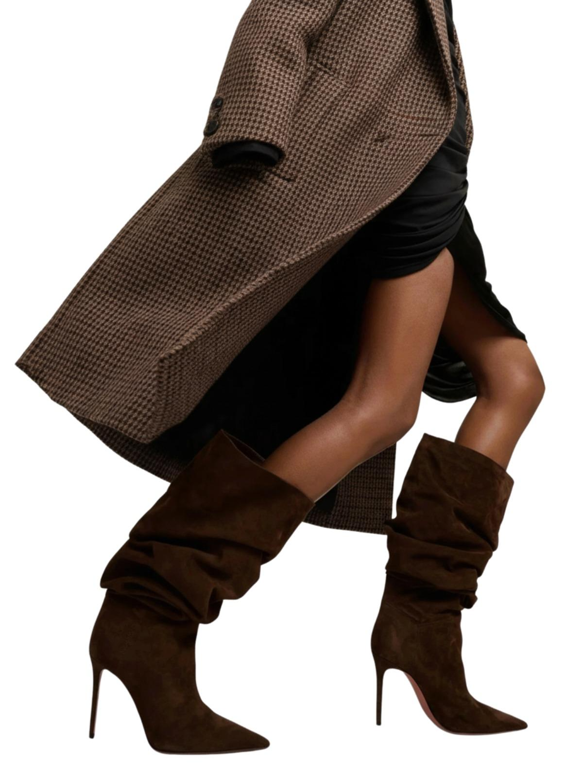 Women's Pleated High-Heeled Short Boots with Pointed Toes Women's Large Mid-Length Boots