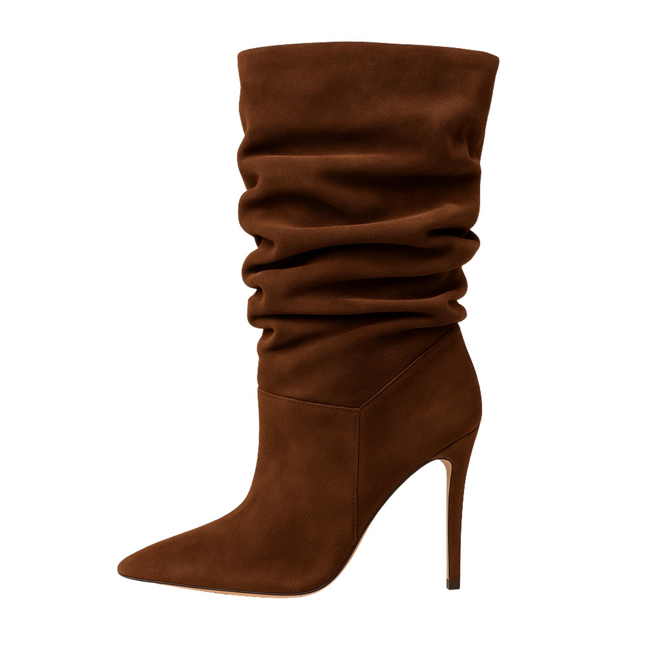 Brown high-heeled boot on a white background