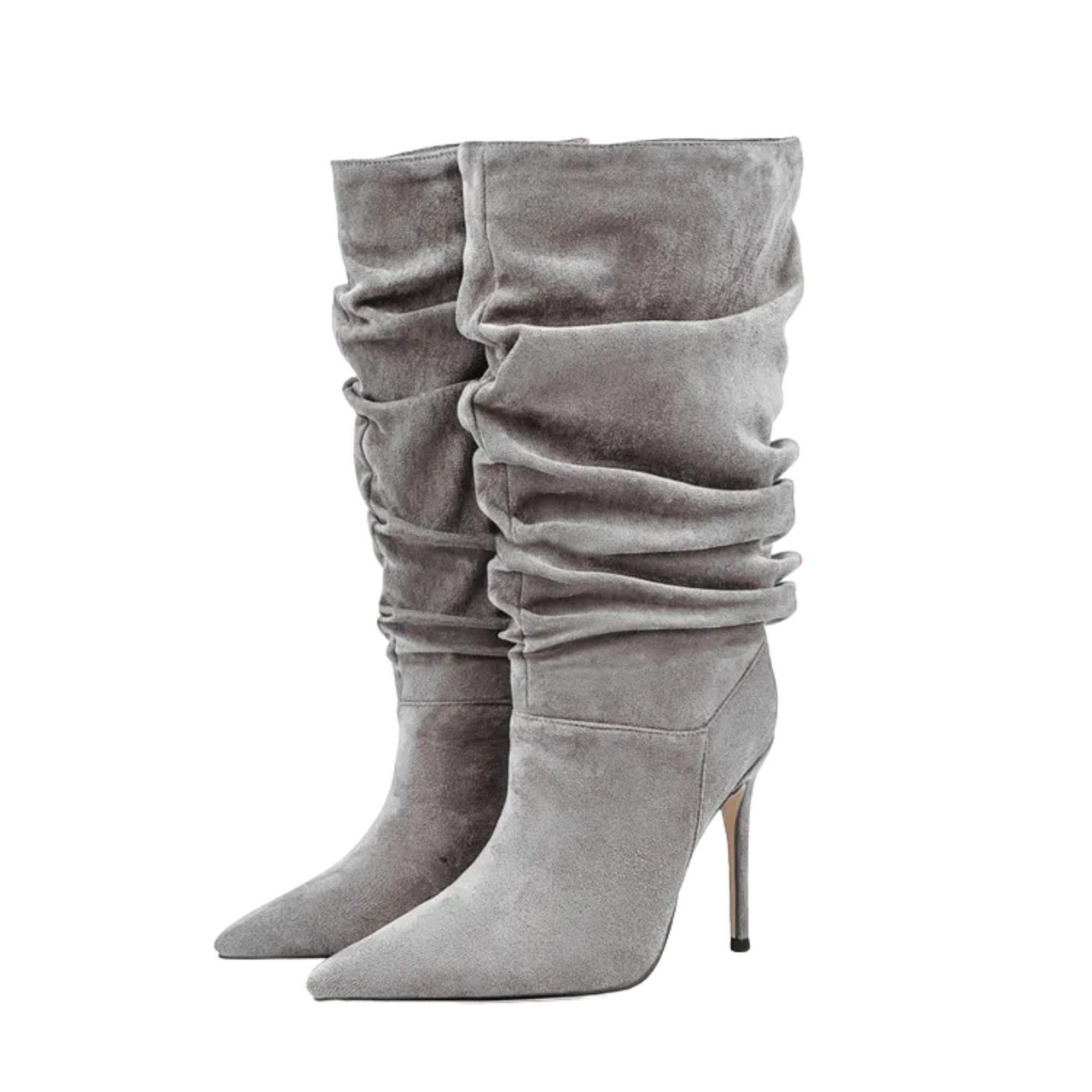 Gray slouchy high-heeled boots on a white background