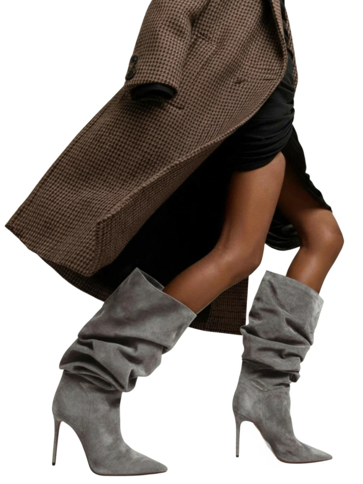 Women's Pleated High-Heeled Short Boots with Pointed Toes Women's Large Mid-Length Boots