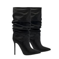 Thumbnail for Black leather high-heeled slouch boots on a white background