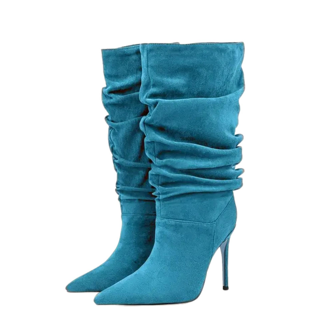 Teal high-heeled boots with ruched design on a white background