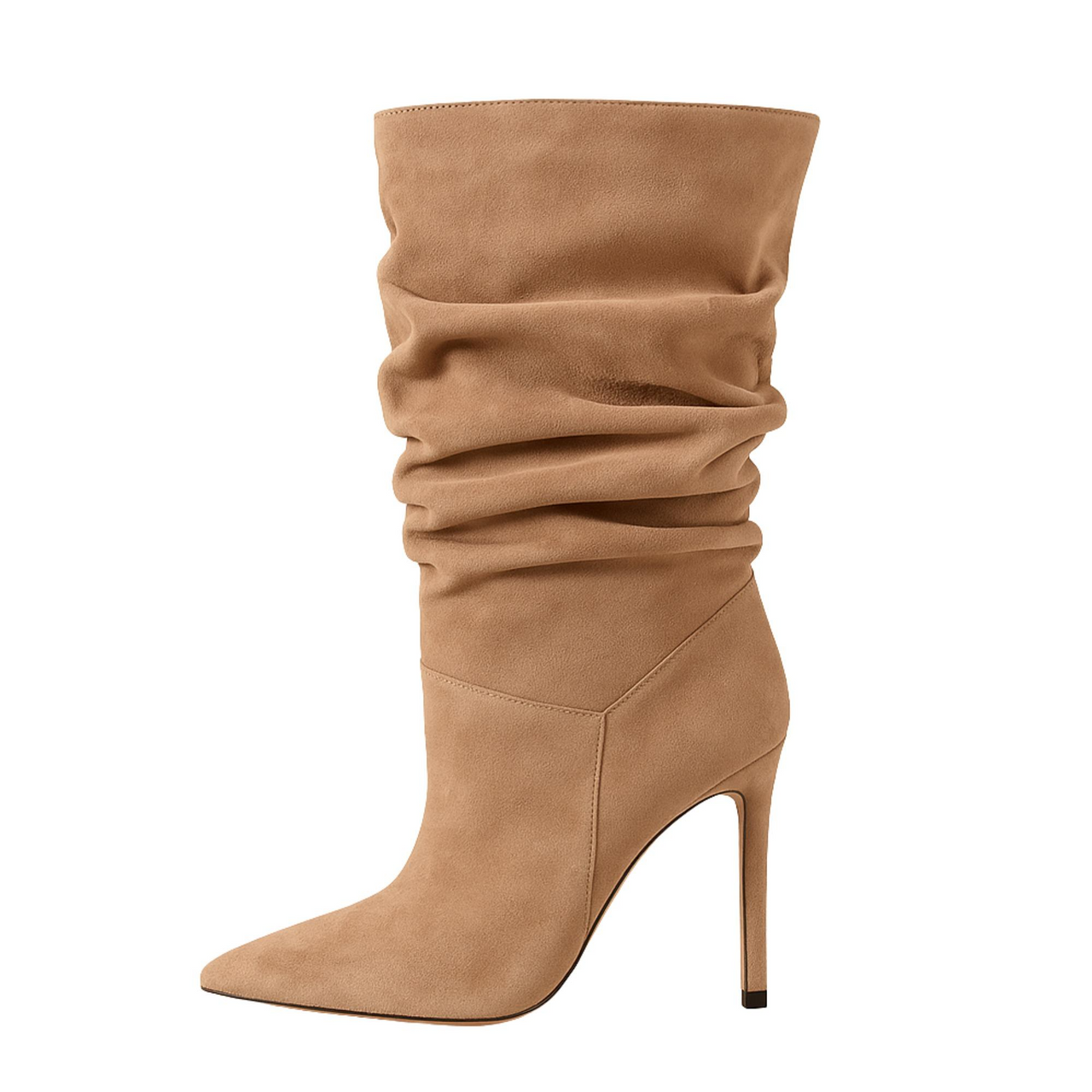 Tan high-heeled boot on a white background