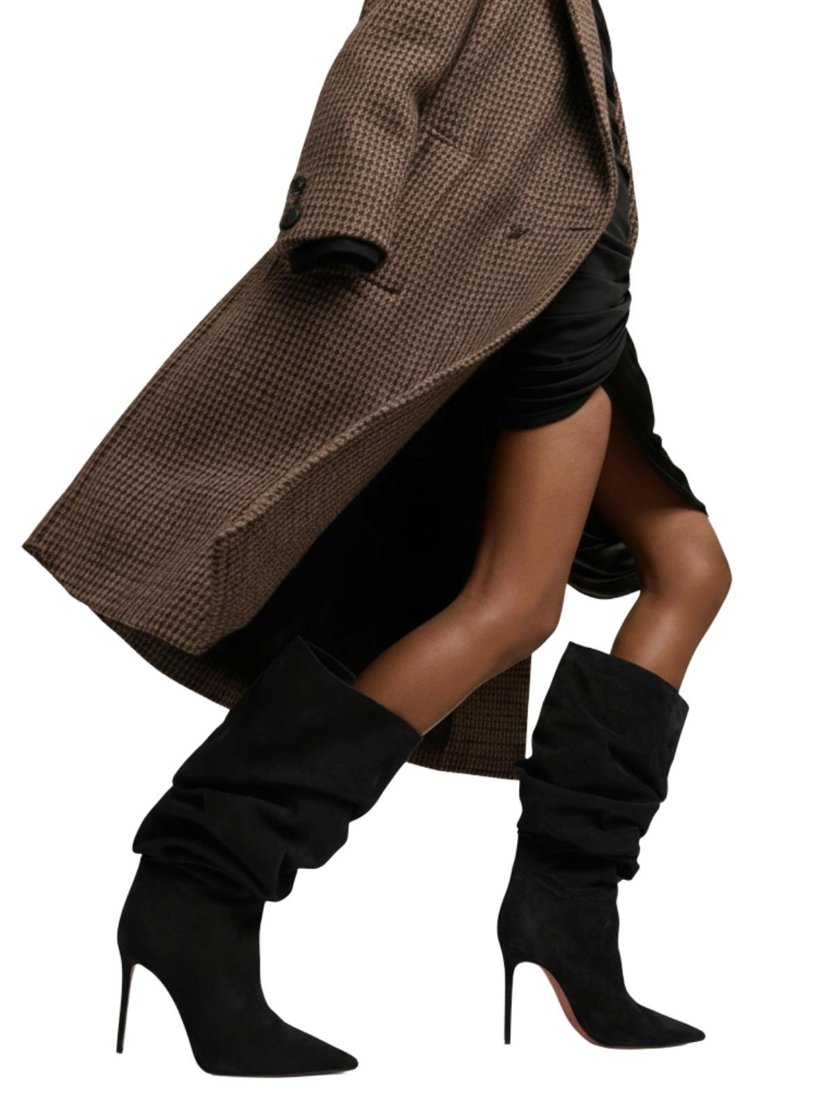 Women's Pleated High-Heeled Short Boots with Pointed Toes Women's Large Mid-Length Boots