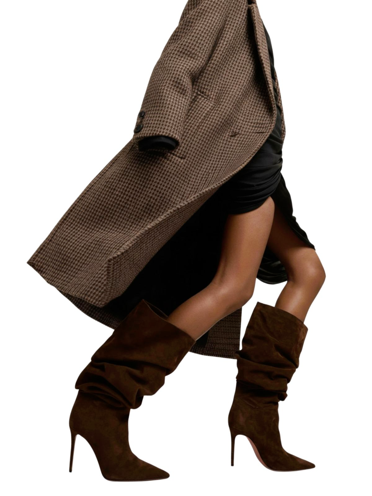 Women's Pleated High-Heeled Short Boots with Pointed Toes Women's Large Mid-Length Boots