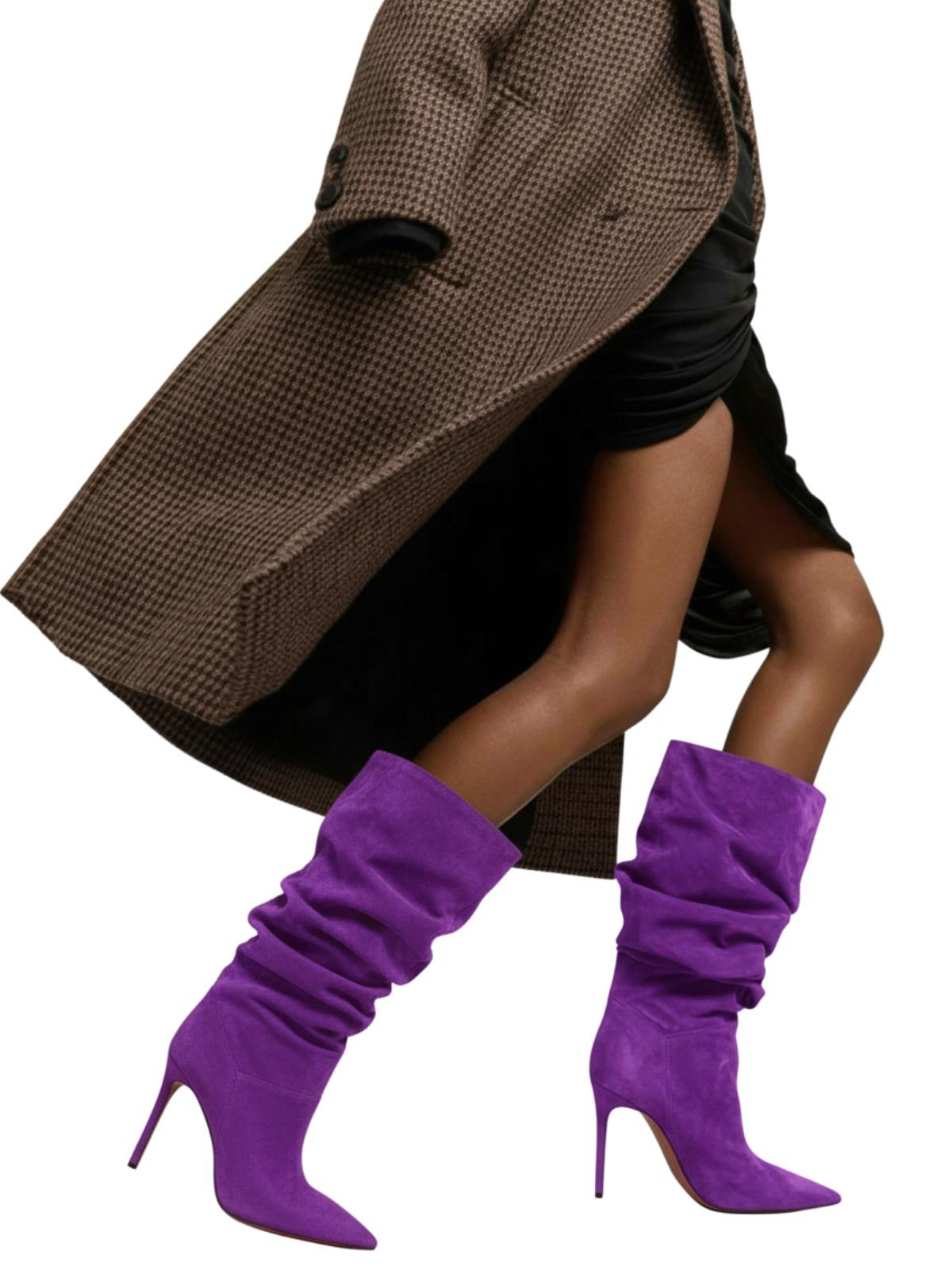 Women's Pleated High-Heeled Short Boots with Pointed Toes Women's Large Mid-Length Boots