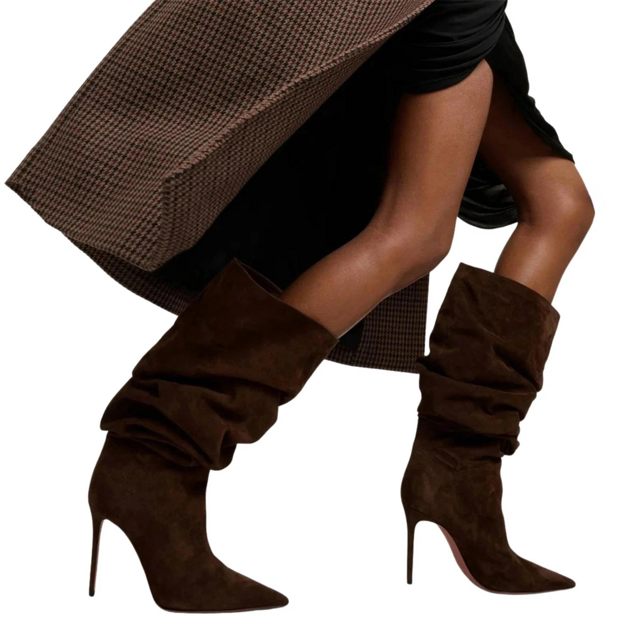 Women's Pleated High-Heeled Short Boots with Pointed Toes Women's Large Mid-Length Boots