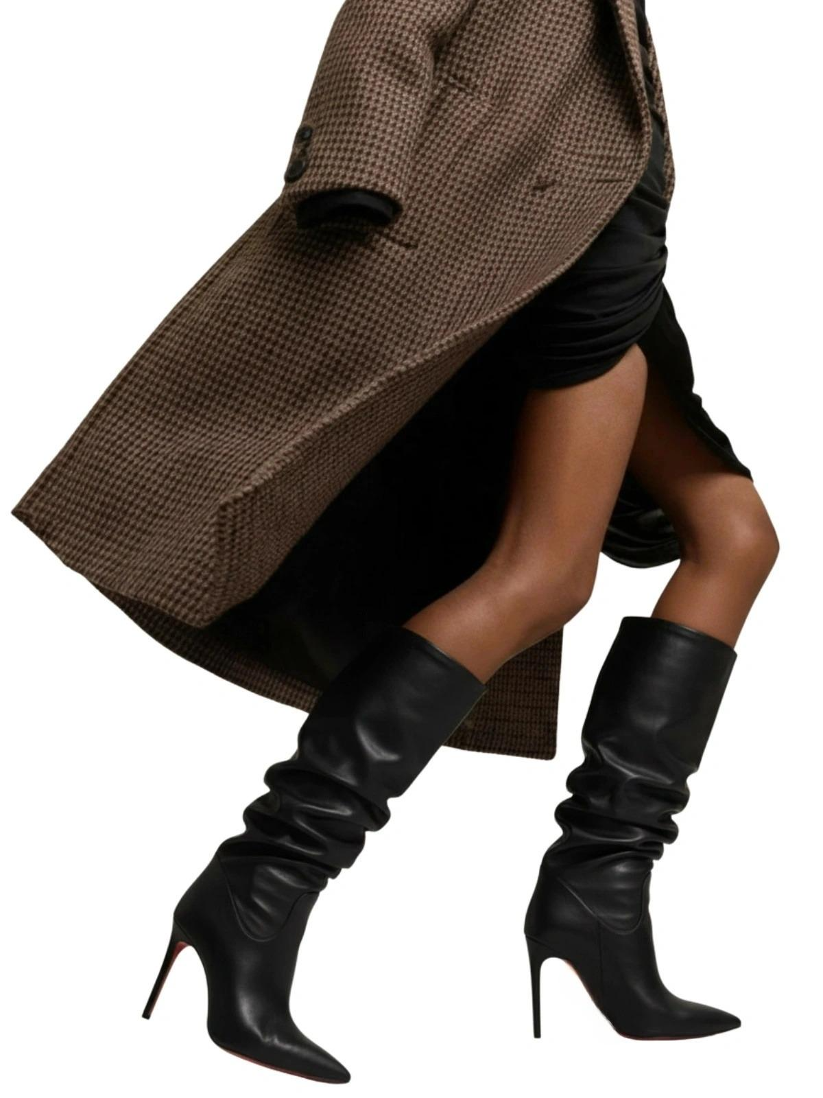 Women's Pleated High-Heeled Short Boots with Pointed Toes Women's Large Mid-Length Boots