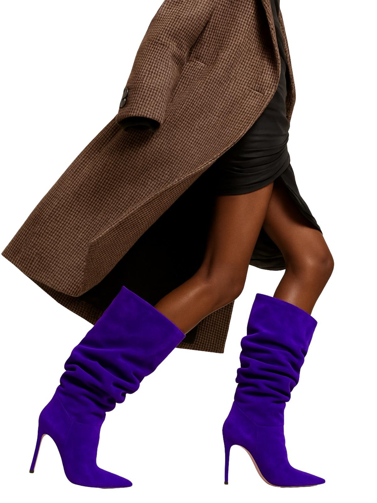 Women's Pleated High-Heeled Short Boots with Pointed Toes Women's Large Mid-Length Boots