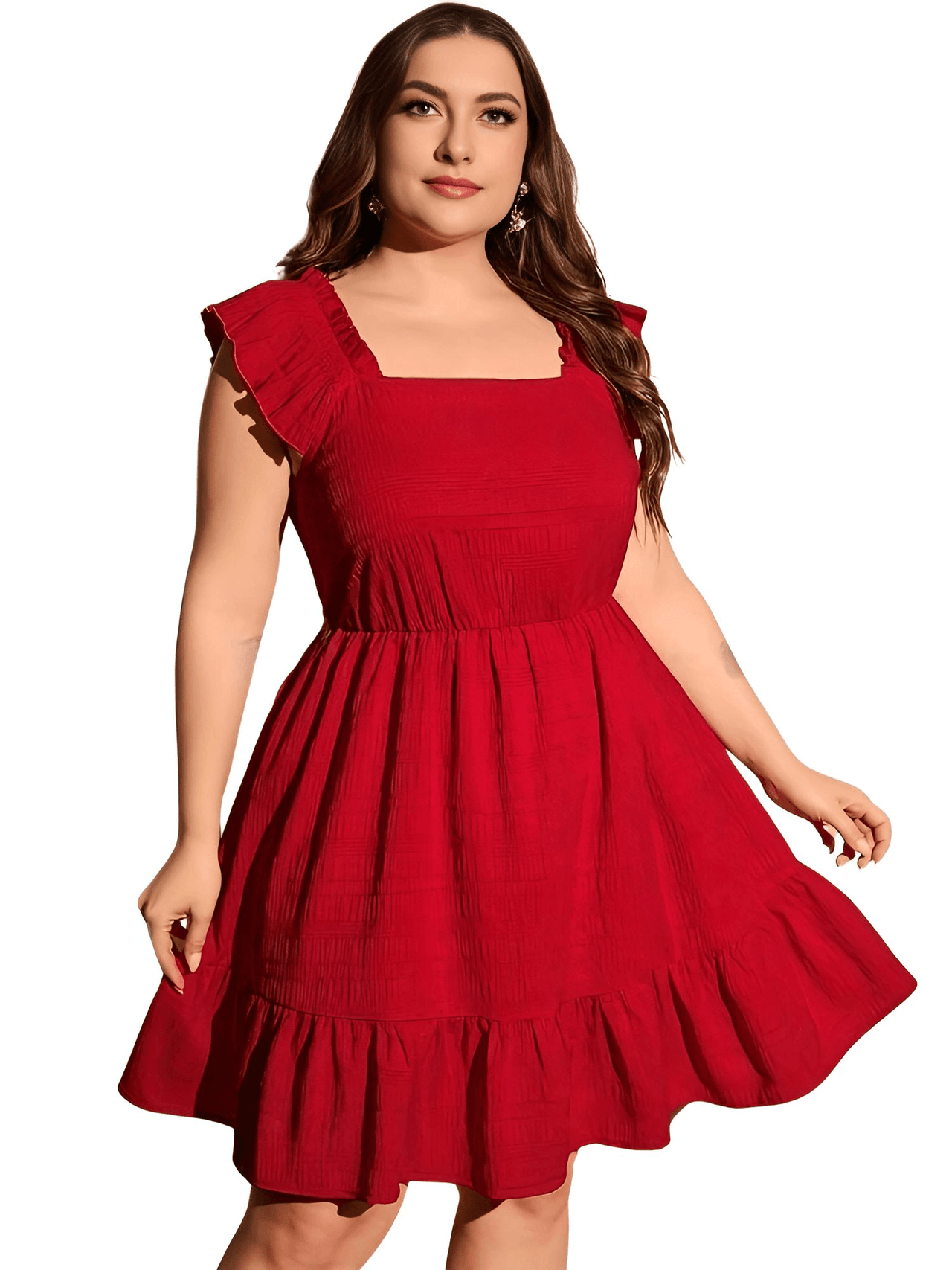 Women's Plus Size Ruffle Dress Summer Women Elegant Dress Casual Vacation Square Collar Ruffle Dresses, Dresses, Drestiny, Plus Size Dresses, Knee Length Dresses, Cap Sleeves, Short Sleeves, Red, United States, USA, Canada, Australia, New Zealand, United Kingdom, UK, 0XL, 1XL, 2XL, 3XL, 4XL, womens plus size tiered ruffle dress, plus size short ruffle dress, Red, Shopdrestiny.com