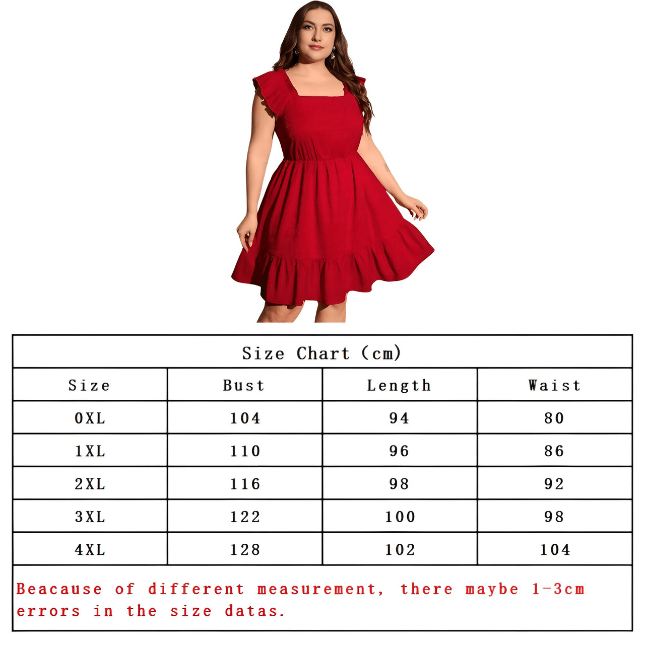 Women's Plus Size Ruffle Dress Summer Women Elegant Dress Casual Vacation Square Collar Ruffle Dresses, Dresses, Drestiny, Plus Size Dresses, Knee Length Dresses, Cap Sleeves, Short Sleeves, Red, United States, USA, Canada, Australia, New Zealand, United Kingdom, UK, 0XL, 1XL, 2XL, 3XL, 4XL, womens plus size tiered ruffle dress, plus size short ruffle dress, Red, Shopdrestiny.com