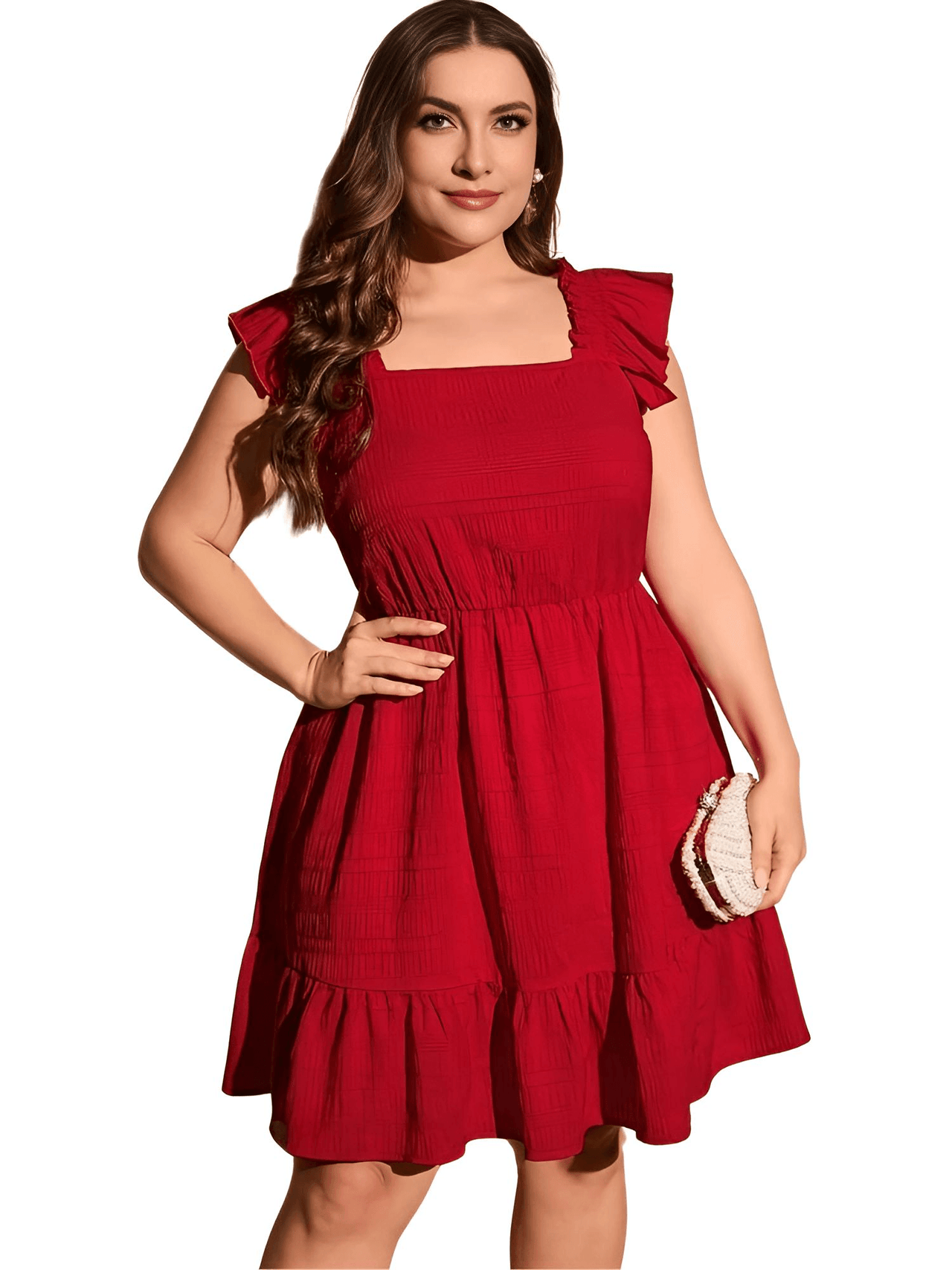 Women's Plus Size Ruffle Dress Summer Women Elegant Dress Casual Vacation Square Collar Ruffle Dresses, Dresses, Drestiny, Plus Size Dresses, Knee Length Dresses, Cap Sleeves, Short Sleeves, Red, United States, USA, Canada, Australia, New Zealand, United Kingdom, UK, 0XL, 1XL, 2XL, 3XL, 4XL, womens plus size tiered ruffle dress, plus size short ruffle dress, Red, Shopdrestiny.com